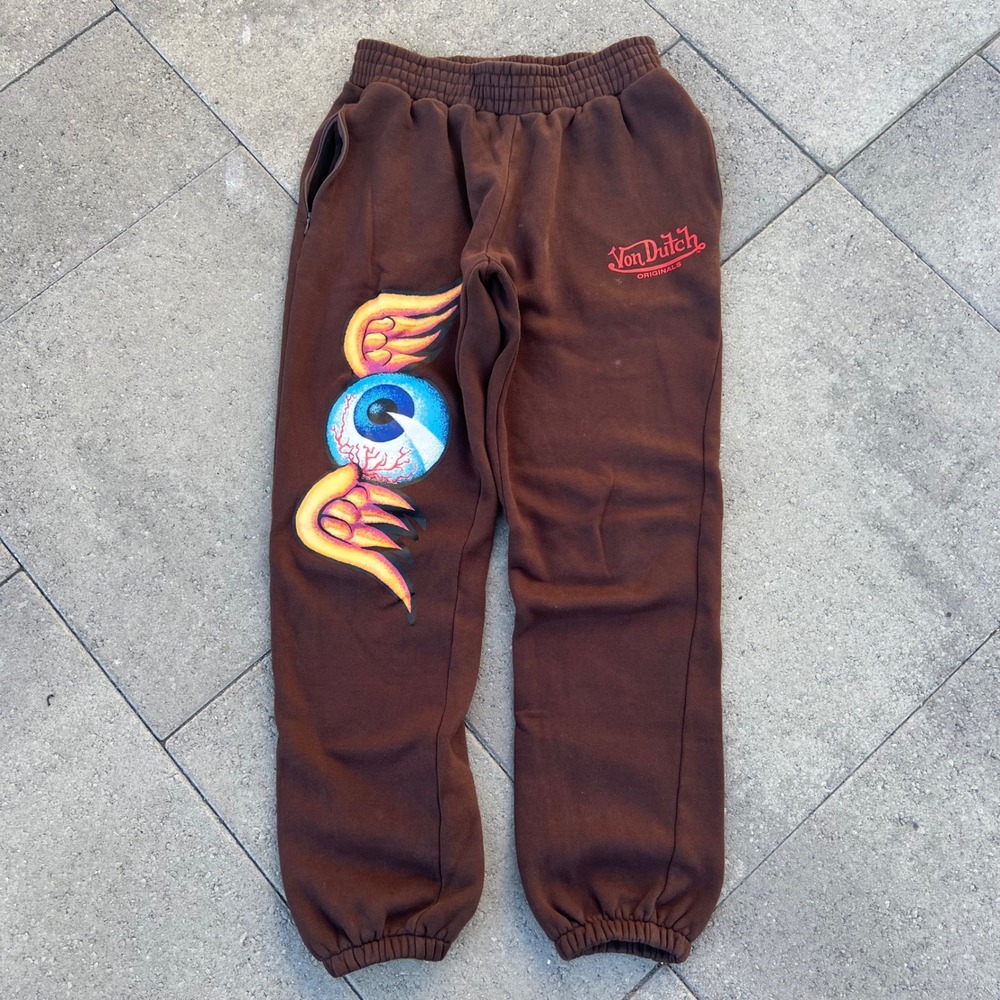 Von Dutch Originals Brown Flying Eyeball Graphic Sweatpants Joggers Medium